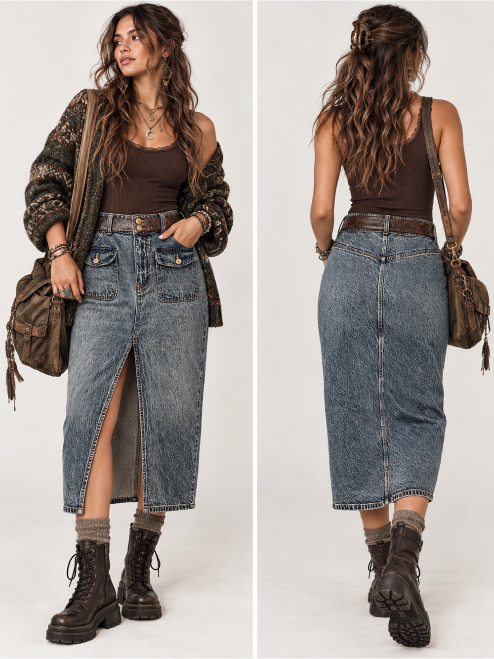 We The Free High-Rise Utility Gorpcore Boho Wimsigoth Denim Skirt Washed Blue 28